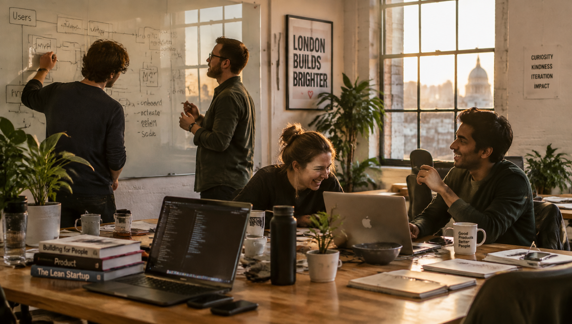 Startup team collaborating in a bright London office